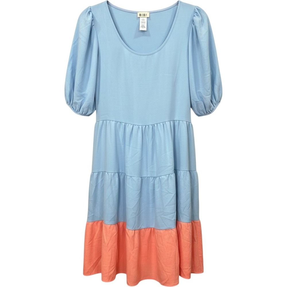 BiBi Light Blue Coral Tiered Babydoll Dress Puff Sleeve BD7150-01 Large